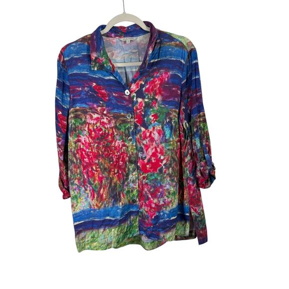 John Mark Abstract Watercolor Button Front Shirt Long Sleeve Boho Artsy Womens S - Picture 1 of 6